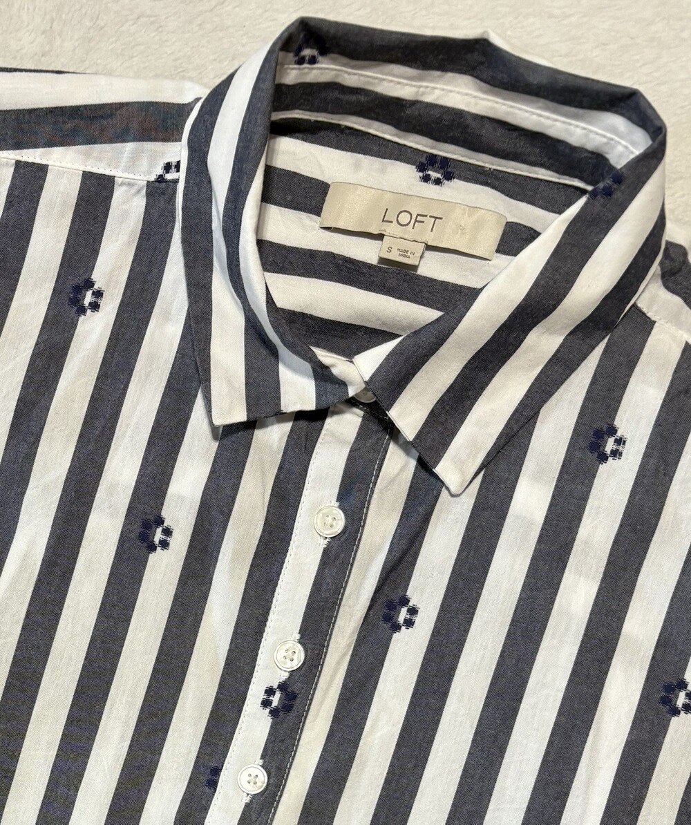 LOFT Shirt Womens Small Henley Short Sleeve Striped Embroidered Oversized